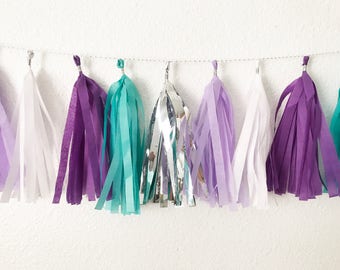 Tassel Garland | Tassel Banner | Mermaid Tassel Garland | Teal Party Decor | Purple, Teal, and Silver Tassel Banner | Mermaid Party Decor