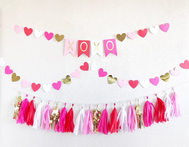 Valentine's Day Banner Valentine's Day Garland Valentine's Day Party Hear Garland Heart Banner Red and Pink Party Decor XOXO image 3