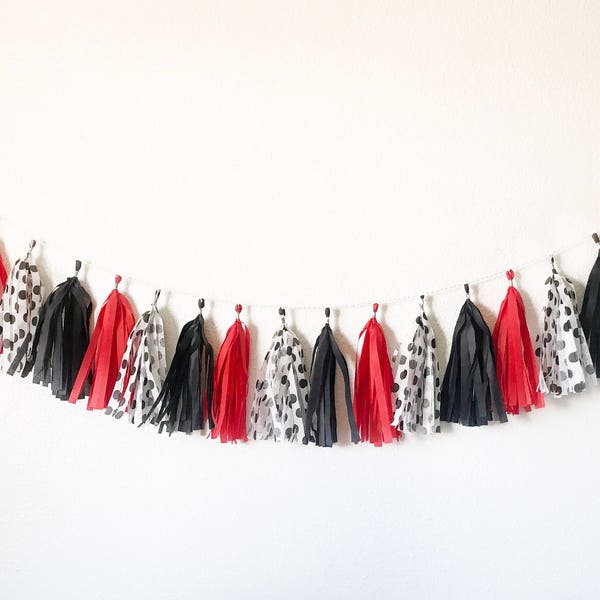 Tassel Garland | Tassel Banner | Red, Black, and White Polka Dot Tassel Garland | Red ans Black Party Decor | Polka Dot Party Decor | Mouse