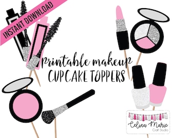Printable Makeup Cupcake Toppers | Pink & Silver Makeup Printables | Instant Download Cupcake Topppers | Makeup Party | MUA Birthday/Grad