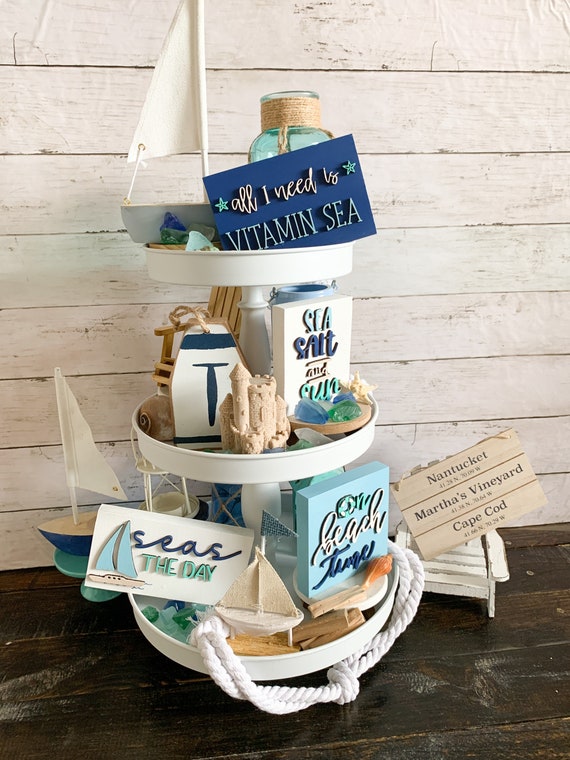 Nautical Tiered Tray Decor | Beach Tiered Tray Decor | Coastal Decor | Mermaid Decor | Nautical Signs | Coastal Signs | Beach Farmhouse Deco Il_570xn