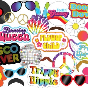 UNEDITABLE 70s Themed Party Photo Booth Props | Disco Party Props | Psychedelic Rainbow Digital Photo Props | Groovy Printable Props | Flowe