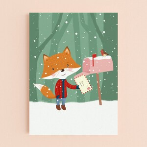 Kerstkaart vosje en roodborstje in de sneeuw