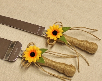 Wedding cake serving knife sunflower Rustic cake cutter set Rustic cake server set Wedding cake server and knife rustic