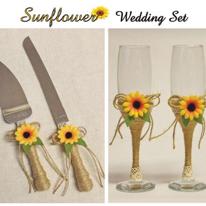 Sunflower wedding cake serving knife Sunflower wedding glasses Rustic wedding cake knife Rustic wedding glasses Knife cutters toasting flute