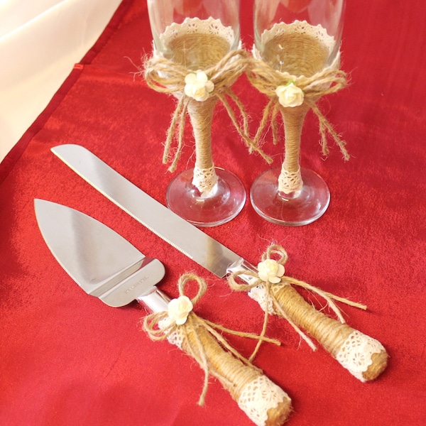 Wedding glasses rustic wedding cake serving set twine lace wedding glasses serving cake set knife rustic wedding glasses