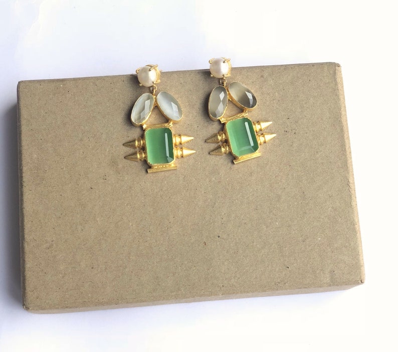 Enhara Jewels Gold Spike Lemon Green and Light Grey Cluster Statement Dangle Earrings Fashion Jewellery Gemstone Earrings