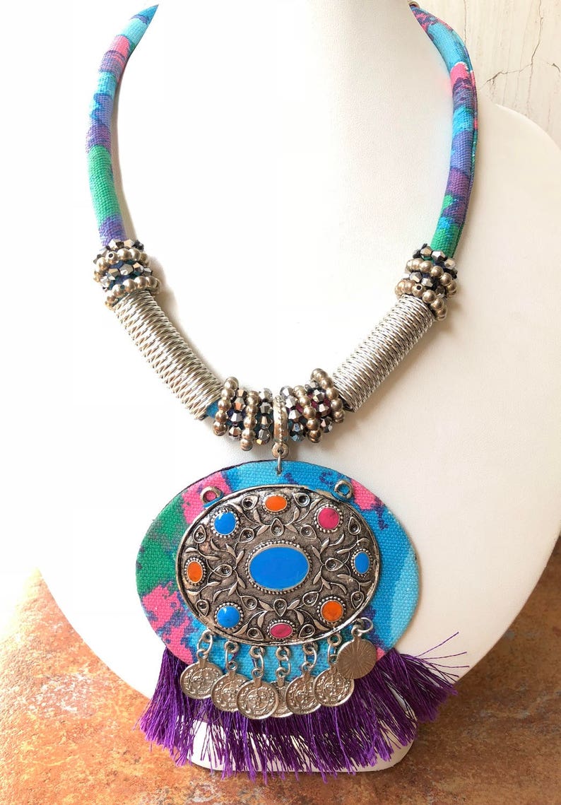 Blue and Purple Oxidized Silver Statement NecklaceFringe NecklaceGeometric NecklaceBoho NecklaceBib Necklace
