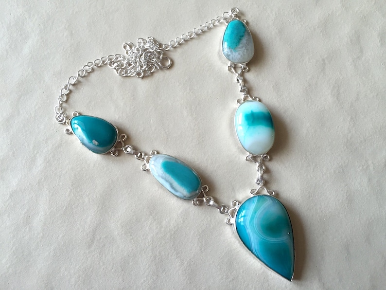 Blue with White Agate Necklace Gemstone Necklace Bib Necklace Silver Necklace Statement Necklace