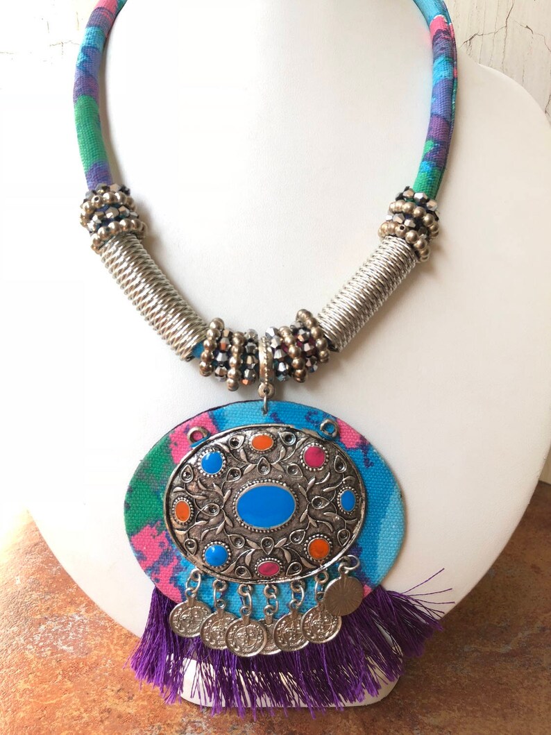 Blue and Purple Oxidized Silver Statement NecklaceFringe NecklaceGeometric NecklaceBoho NecklaceBib Necklace