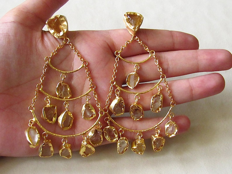 Raw Citrine Quartz Long Chandelier EarringsCharm EarringsGold Dangle EarringsStatement EarringsGemstone Earrings