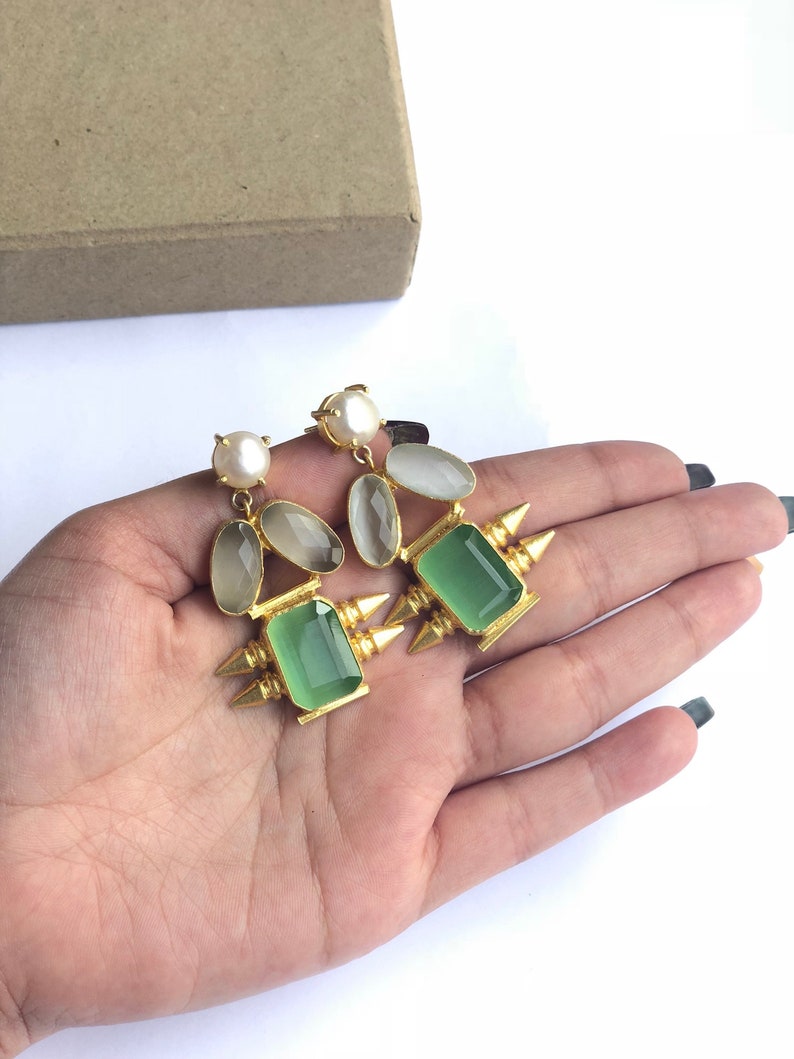 Enhara Jewels Gold Spike Lemon Green and Light Grey Cluster Statement Dangle Earrings Fashion Jewellery Gemstone Earrings