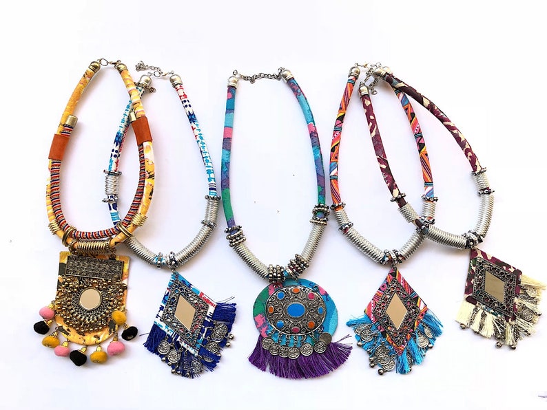 Blue and Purple Oxidized Silver Statement NecklaceFringe NecklaceGeometric NecklaceBoho NecklaceBib Necklace