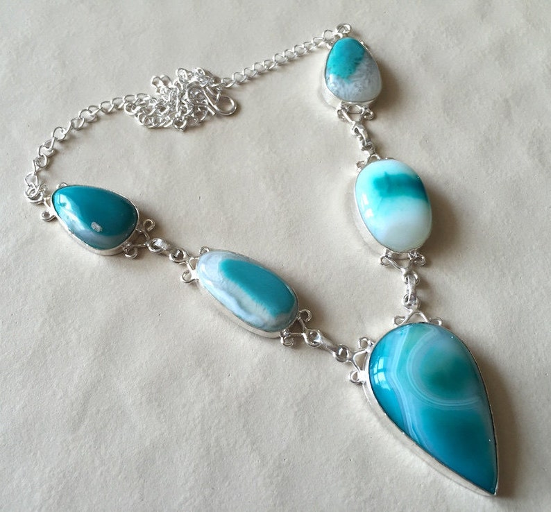 Blue with White Agate Necklace Gemstone Necklace Bib Necklace Silver Necklace Statement Necklace