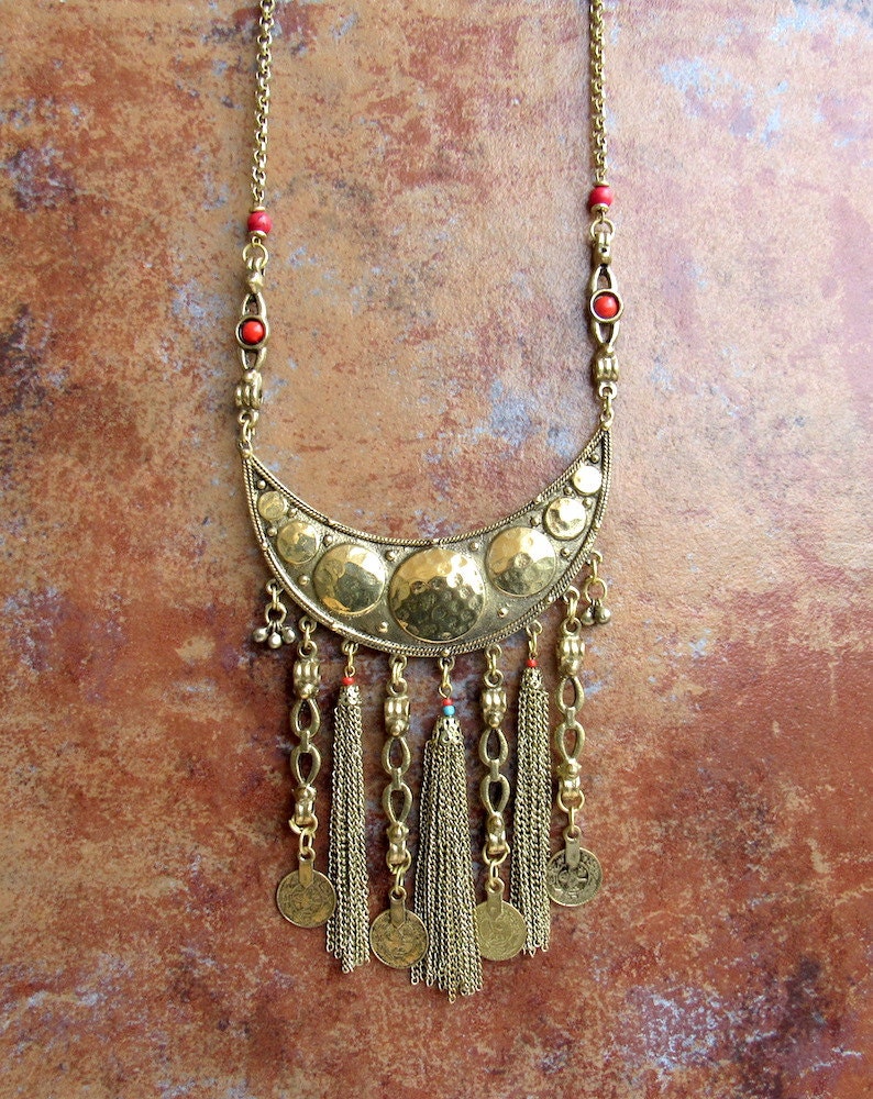 Oxidized Gold Statement NecklaceBoho NecklaceBib NecklaceChains Tassel Necklace with Gypsy CoinsCoral Beaded Necklace