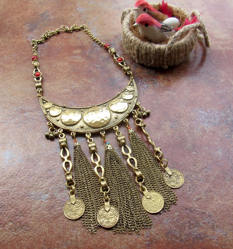 Oxidized Gold Statement NecklaceBoho NecklaceBib NecklaceChains Tassel Necklace with Gypsy CoinsCoral Beaded Necklace