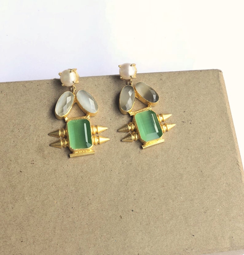 Enhara Jewels Gold Spike Lemon Green and Light Grey Cluster Statement Dangle Earrings Fashion Jewellery Gemstone Earrings