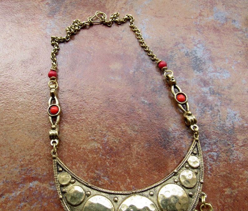 Oxidized Gold Statement NecklaceBoho NecklaceBib NecklaceChains Tassel Necklace with Gypsy CoinsCoral Beaded Necklace