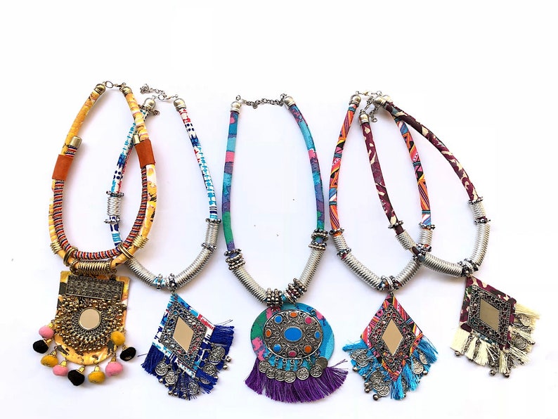 Blue and Purple Oxidized Silver Statement NecklaceFringe NecklaceGeometric NecklaceBoho NecklaceBib Necklace
