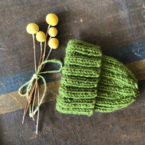 May include: A green knitted beanie hat with a folded brim. The hat is on a brown wooden surface with dried yellow flowers.
