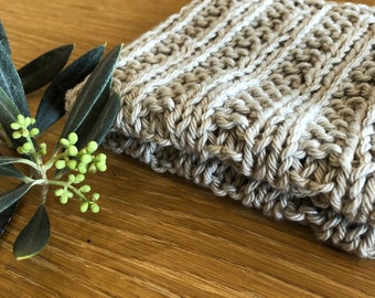 Hand knitted, beautifully soft, face cloth in latte. 100% Australian Cotton. Zero waste.