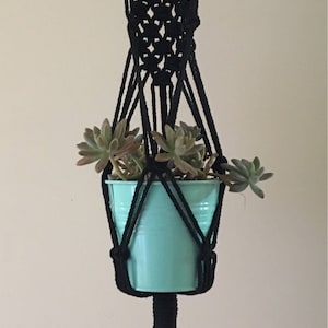 May include: Black macrame plant hanger with a wooden ring at the top and a teal pot with succulents inside. The hanger has a long tassel at the bottom.