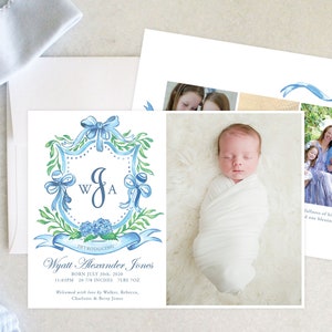 PRINTABLE Birth Announcement | Monogrammed Crest | Blue Hydrangea