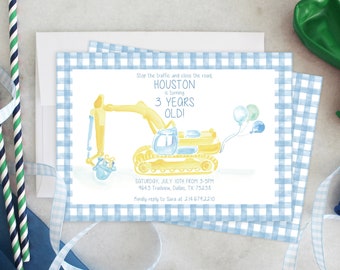 PRINTABLE Birthday Party Invitation | Construction Party | Excavator | Balloons | Blue Gingham