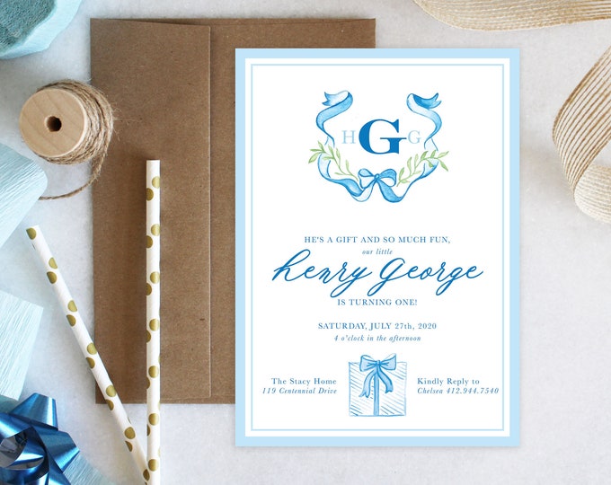 PRINTABLE Birthday Party Invitation | Monogrammed Crest | Present | He's a Gift
