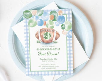 PRINTABLE Birthday Party Invitation Bundle | First Down | 1st Birthday | Football Party | Monogram