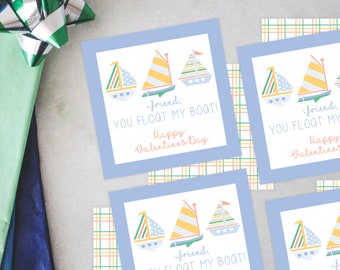 May include: Three blue and white cards with a light blue border. Each card features a colorful illustration of three sailboats and the text "friend, you float my boat! Happy Valentine's Day".