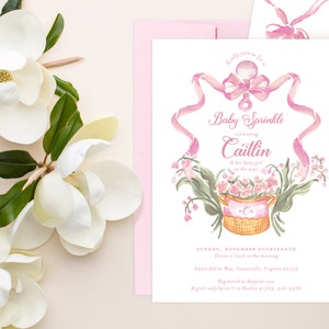 PRINTABLE Baby Shower Invitation | Lily of the Valley | Pink Rattle | Monogrammed Crest