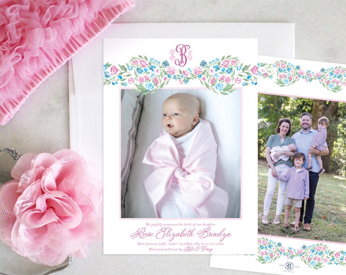 PRINTABLE Birth Announcement | Baby Girl | Monogram | Beaufort Bonnet | Floral Bow