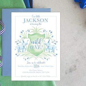 PRINTABLE Birthday Party Invitation | Wild One | First Birthday | Blue Elephants