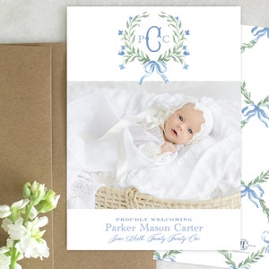 PRINTABLE Birth Announcement | Monogrammed Wreath | Sweet Greens | Blue Bow Lattice