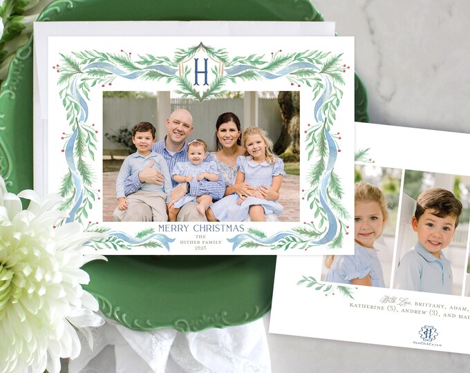 PRINTABLE Holiday Cards | Pine Blue Ribbon | Family Initial | Christmas Spruce