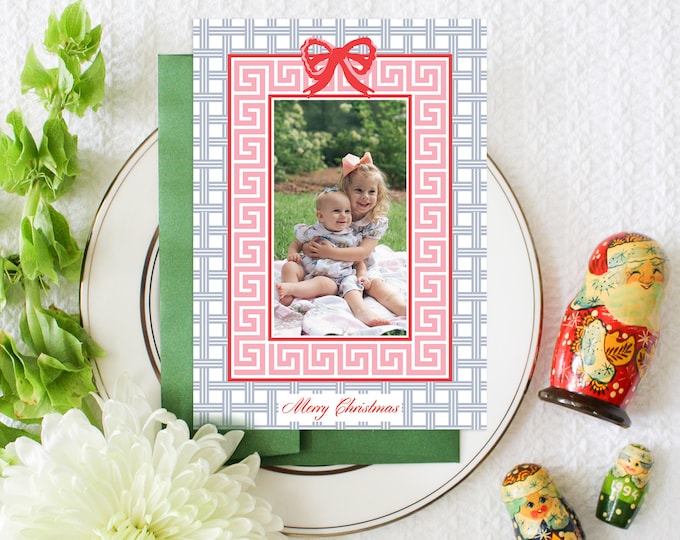 PRINTABLE Holiday Cards | Merry Christmas | Chinoiserie Chic | Cane weave | Bow | Pink Green Blue