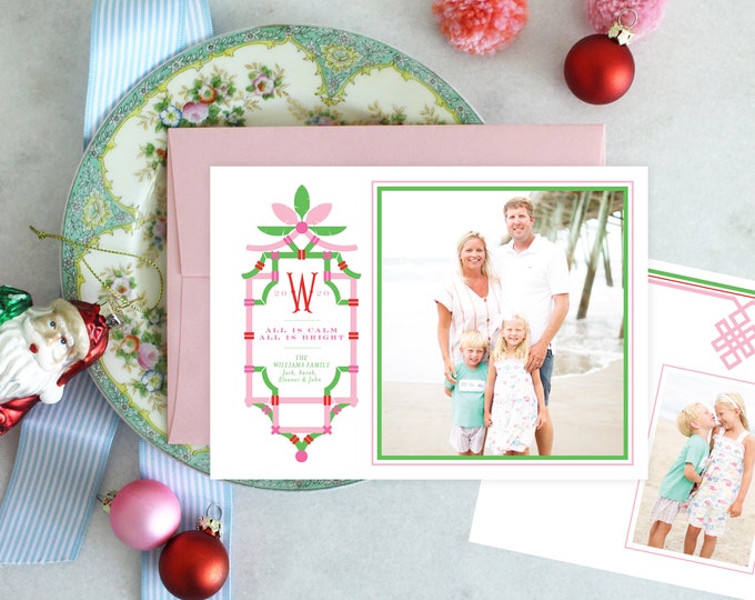PRINTABLE Holiday Cards | Pagoda | Palm leaves | Photo Cards | Pink and Blue Bamboo | Chinoiserie