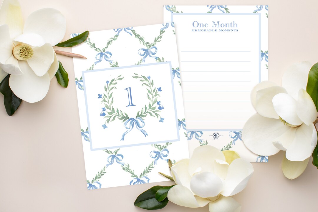 PRINTABLE Baby Monthly Milestone Cards | Blue Bow Trellis | Memorable ...