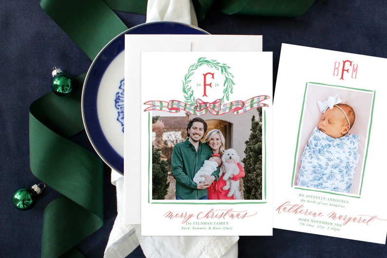 PRINTABLE Holiday Cards | Plaid Ribbon | Green Garland | Classic Christmas | Birth Announcement 