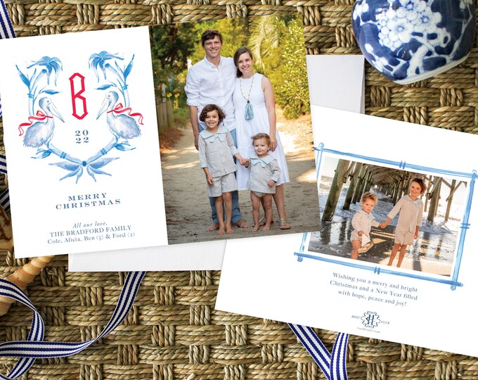 PRINTABLE Holiday Cards | Tropical Christmas | Photo Cards | Blue Bamboo Chinoiserie Crest