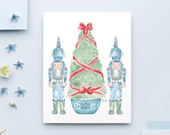 Arte de temporada / Impresión navideña en acuarela / Cascanueces estilo chinoiserie
