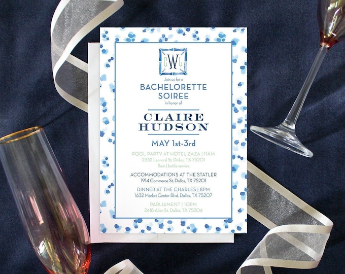 PRINTABLE Bachelorette Party Invitation | Leopard | Monogram | Blue & White