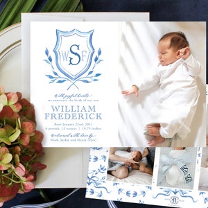 PRINTABLE Birth Announcement | Baby Boy | Monogrammed Crest | Blue and White Forever