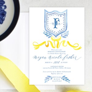 PRINTABLE Bridal Shower Invitation | French Blue Monogram | Yellow Ribbon | Brunch