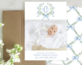 PRINTABLE Birth Announcement | Monogrammed Wreath | Sweet Greens | Blue Bow Lattice