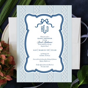 Invitación de baby shower IMPRIMIBLE / Monograma / Bambú / Lazo / Chinoiserie