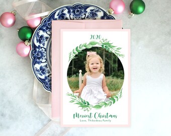 PRINTABLE Holiday Cards | Merriest Christmas | Green Wreath | Photo Cards | Pink and Green Christmas