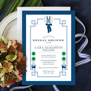 PRINTABLE Bridal Shower Invitation | Chinoiserie | Topiaries | Something Blue | Fishtail Monogram