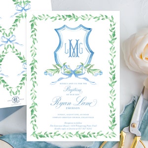 May include: A blue and green watercolor invitation with a monogram and floral design. The invitation is for a baptism and includes the name "Ryan Lane Emerson" and the date "Sunday, August 12th, 10:00 AM".